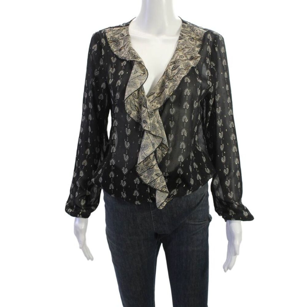 Senlis Womens Bohemian Paisley V-Neck Long Sleeve Blouse Black Polyester Size S